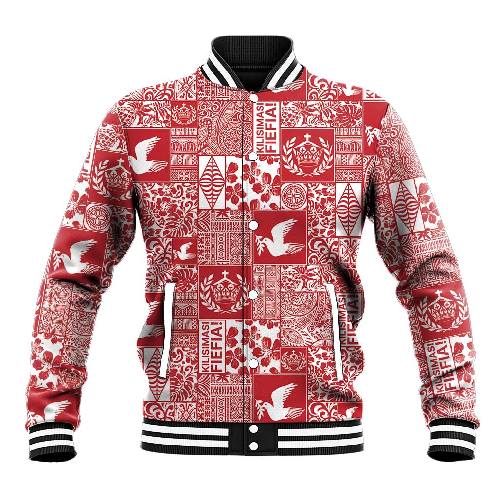 Red Tonga Kilisimasi Fiefia Baseball Jacket Pacific Patchwork Xmas Vibes - Polynesian Pride