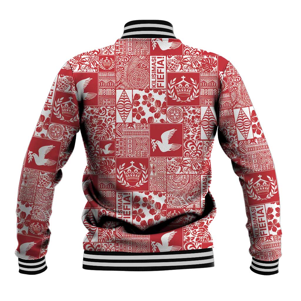 Red Tonga Kilisimasi Fiefia Baseball Jacket Pacific Patchwork Xmas Vibes - Polynesian Pride