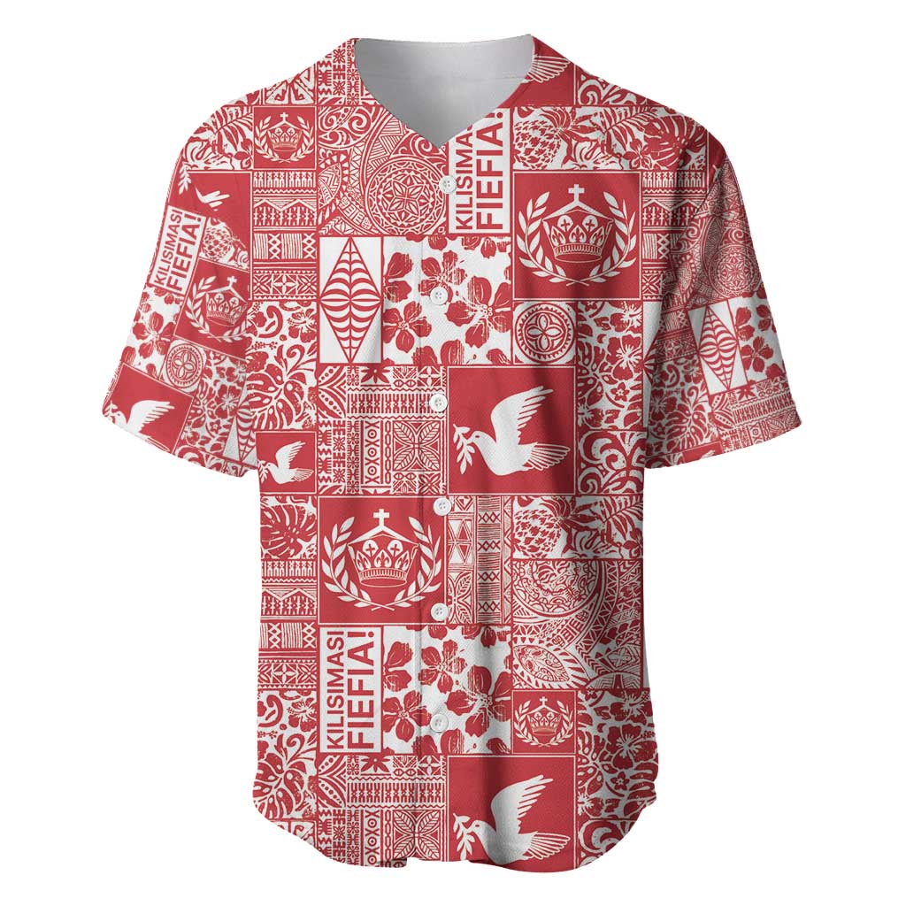 Red Tonga Kilisimasi Fiefia Baseball Jersey Pacific Patchwork Xmas Vibes - Polynesian Pride