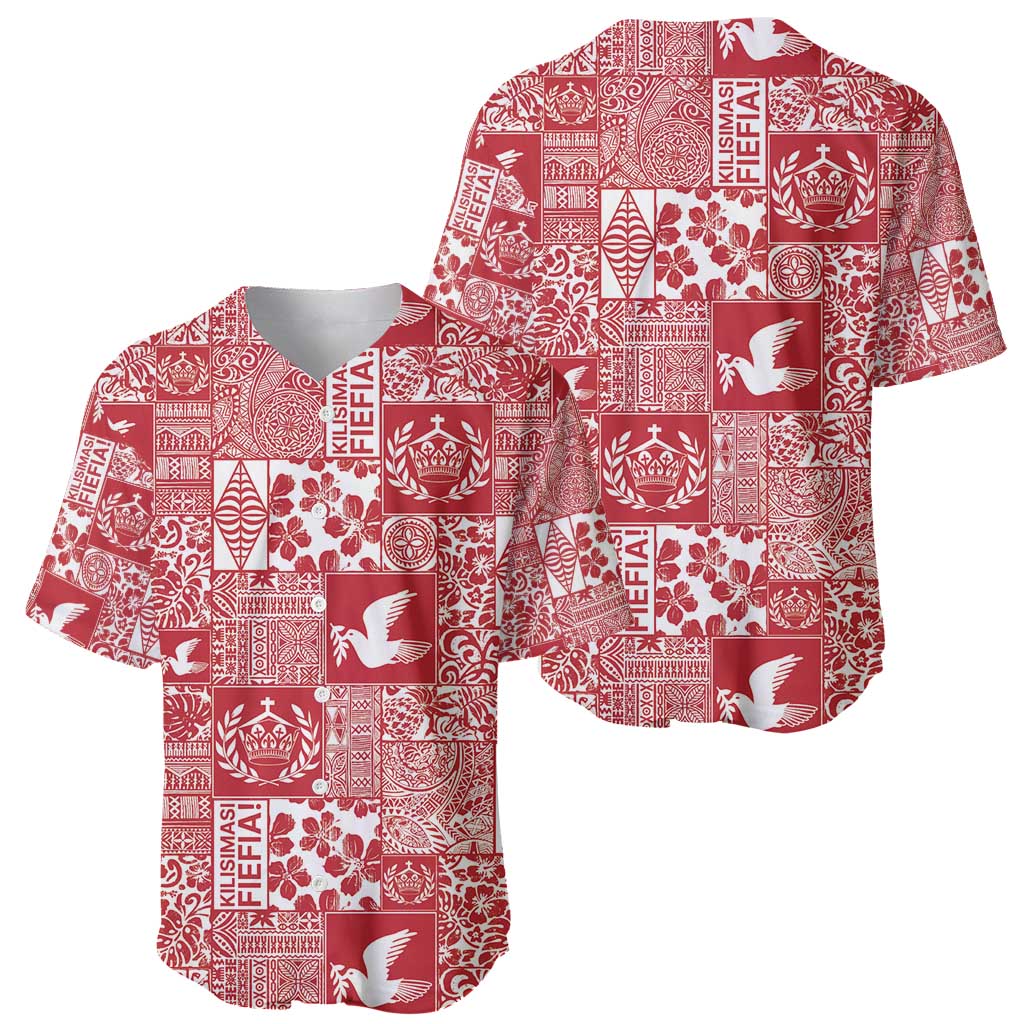 Red Tonga Kilisimasi Fiefia Baseball Jersey Pacific Patchwork Xmas Vibes - Polynesian Pride