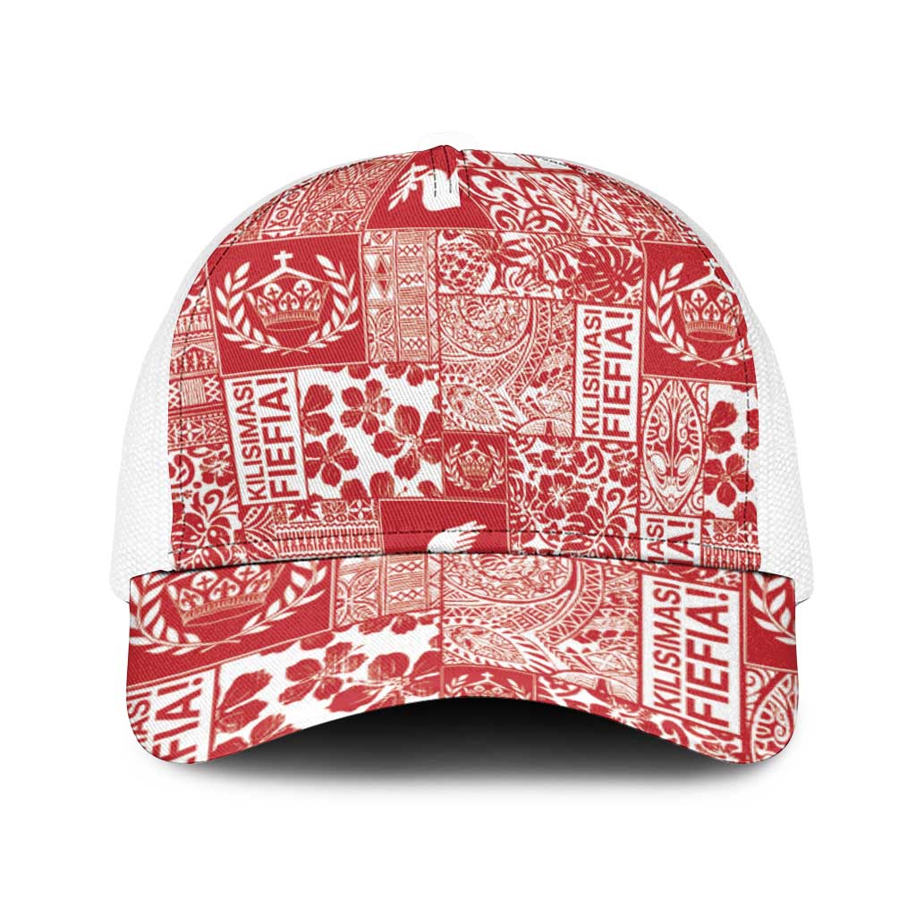 Red Tonga Kilisimasi Fiefia Baseball Net Cap Pacific Patchwork Xmas Vibes - Polynesian Pride