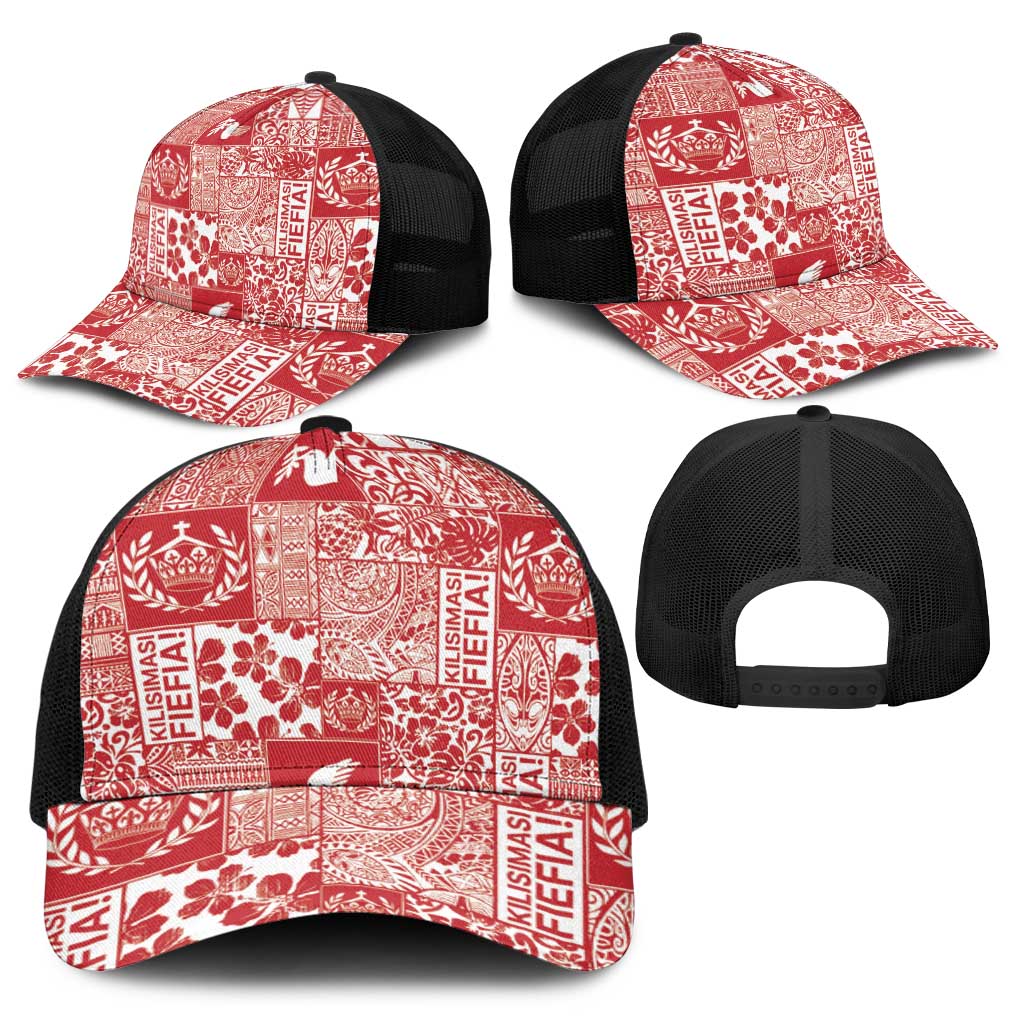 Red Tonga Kilisimasi Fiefia Baseball Net Cap Pacific Patchwork Xmas Vibes - Polynesian Pride
