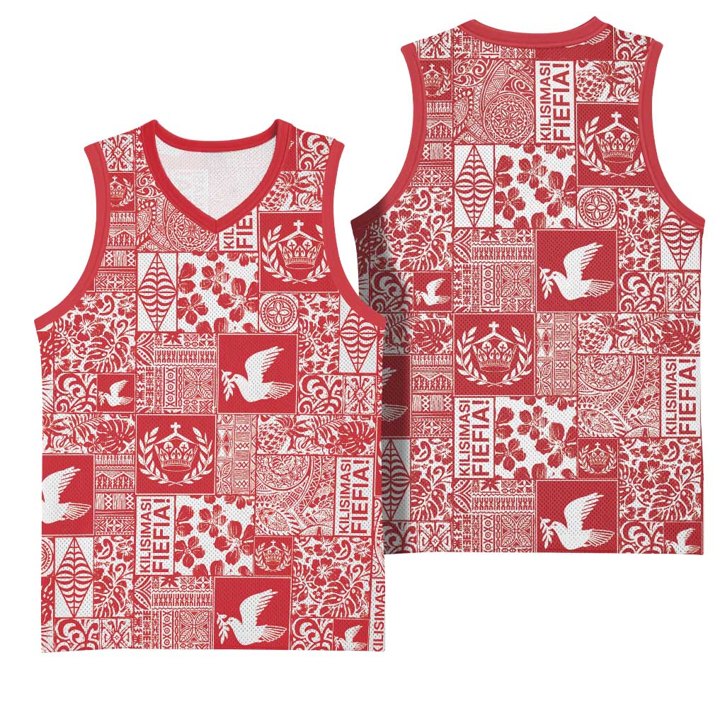 Red Tonga Kilisimasi Fiefia Basketball Jersey Pacific Patchwork Xmas Vibes - Polynesian Pride