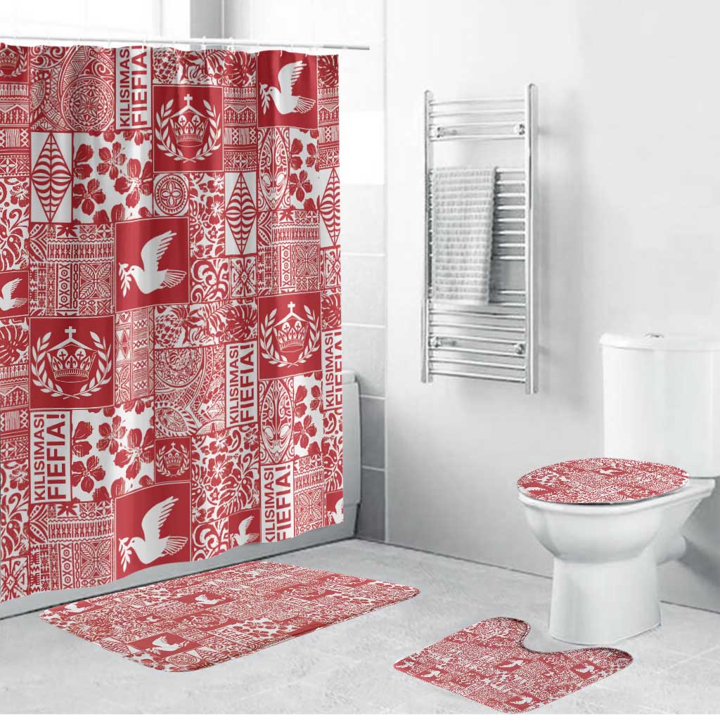 Red Tonga Kilisimasi Fiefia Bathroom Set Pacific Patchwork Xmas Vibes - Polynesian Pride