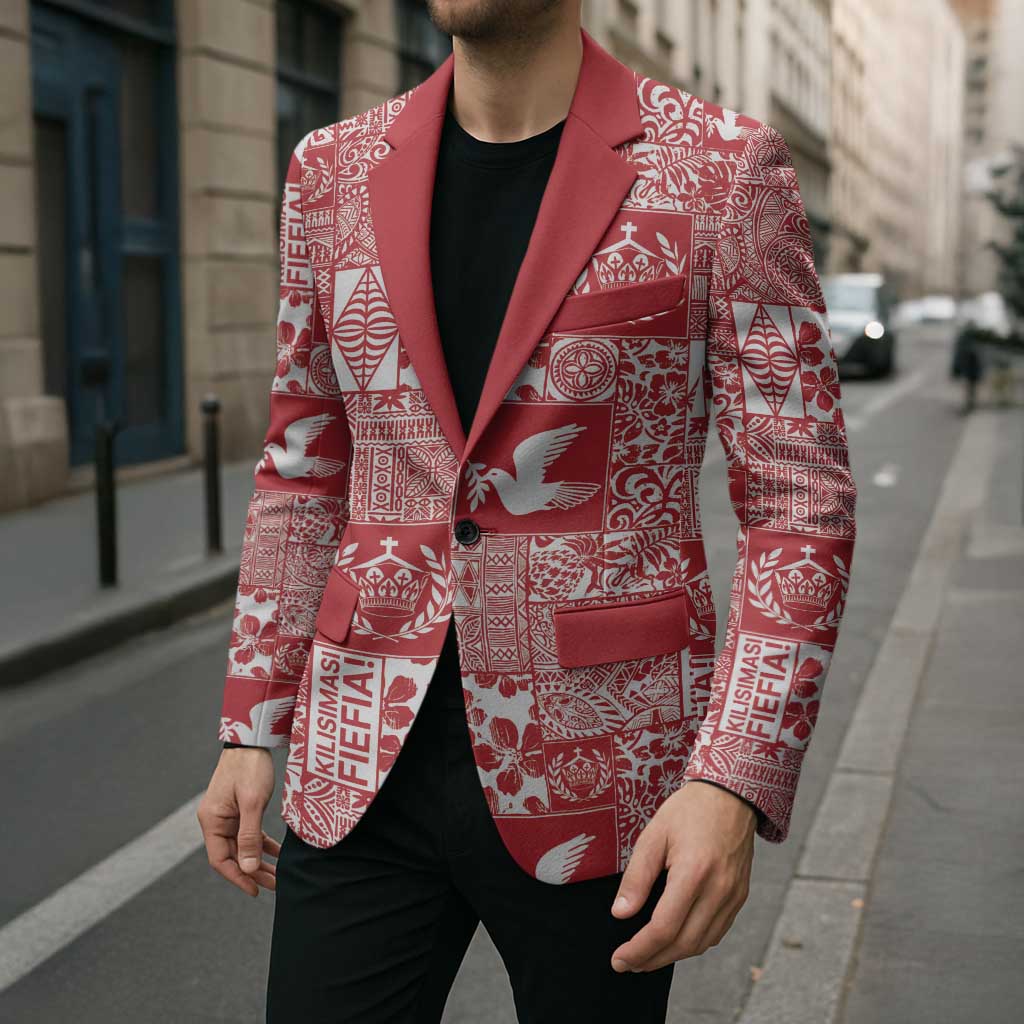 Red Tonga Kilisimasi Fiefia Blazer Pacific Patchwork Xmas Vibes - Polynesian Pride