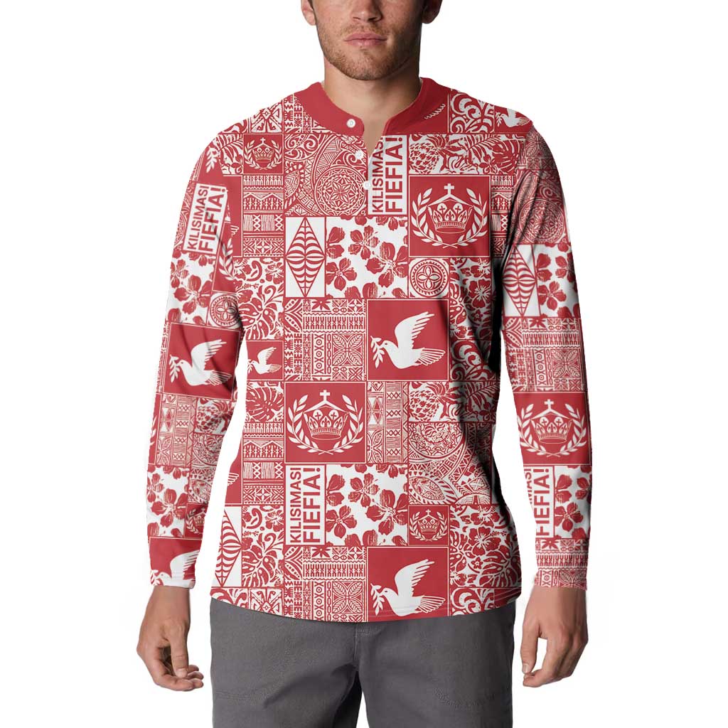 Red Tonga Kilisimasi Fiefia Button Sweatshirt Pacific Patchwork Xmas Vibes - Polynesian Pride