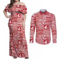 Red Tonga Kilisimasi Fiefia Couples Matching Off Shoulder Maxi Dress and Long Sleeve Button Shirt Pacific Patchwork Xmas Vibes - Polynesian Pride