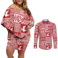 Red Tonga Kilisimasi Fiefia Couples Matching Off Shoulder Short Dress and Long Sleeve Button Shirt Pacific Patchwork Xmas Vibes - Polynesian Pride