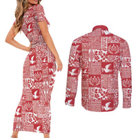 Red Tonga Kilisimasi Fiefia Couples Matching Short Sleeve Bodycon Dress and Long Sleeve Button Shirt Pacific Patchwork Xmas Vibes - Polynesian Pride