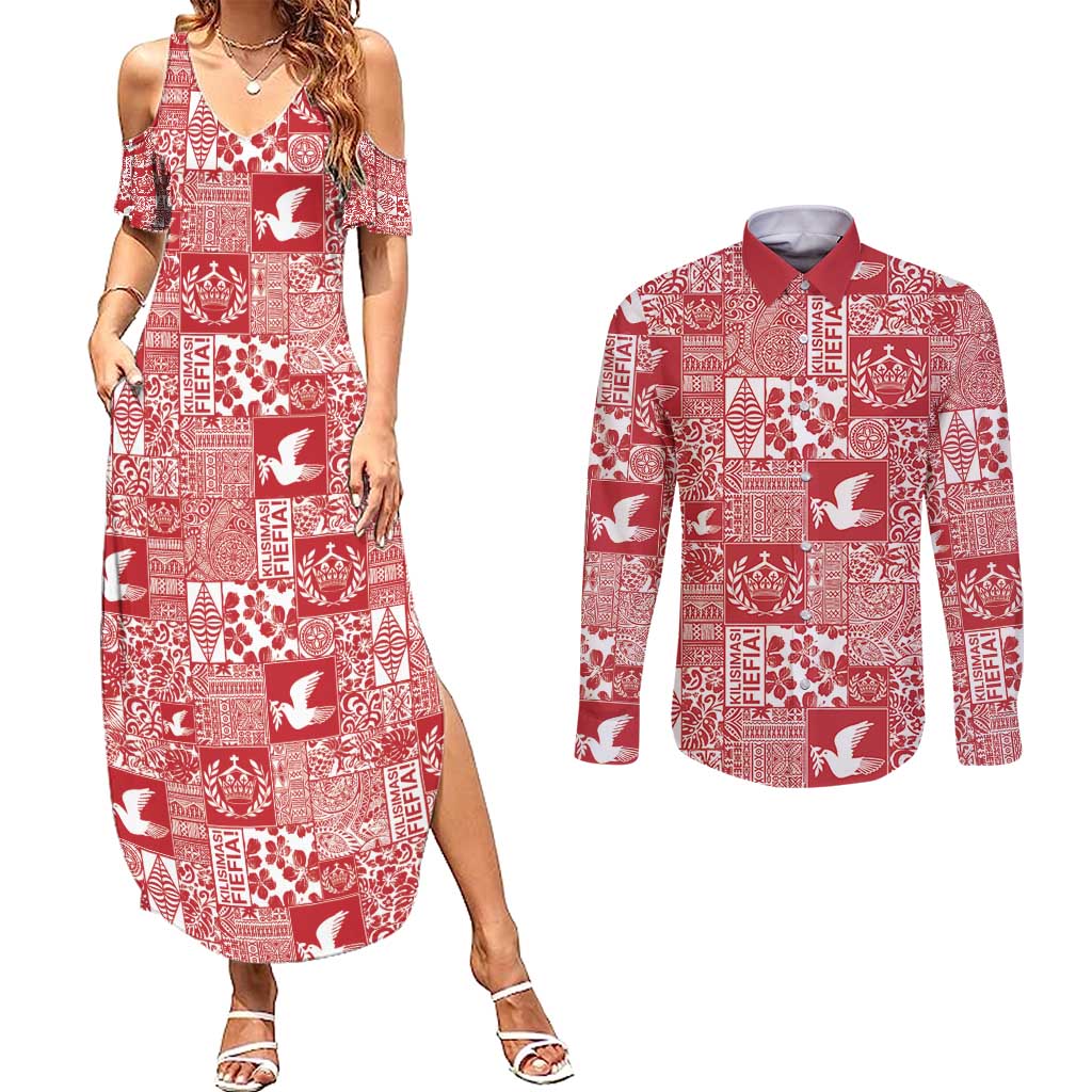 Red Tonga Kilisimasi Fiefia Couples Matching Summer Maxi Dress and Long Sleeve Button Shirt Pacific Patchwork Xmas Vibes - Polynesian Pride