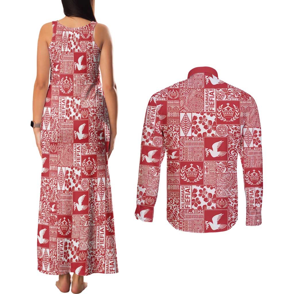 Red Tonga Kilisimasi Fiefia Couples Matching Tank Maxi Dress and Long Sleeve Button Shirt Pacific Patchwork Xmas Vibes - Polynesian Pride
