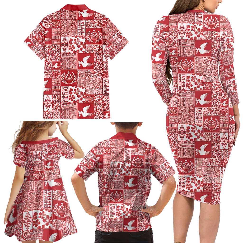 Red Tonga Kilisimasi Fiefia Family Matching Long Sleeve Bodycon Dress and Hawaiian Shirt Pacific Patchwork Xmas Vibes - Polynesian Pride