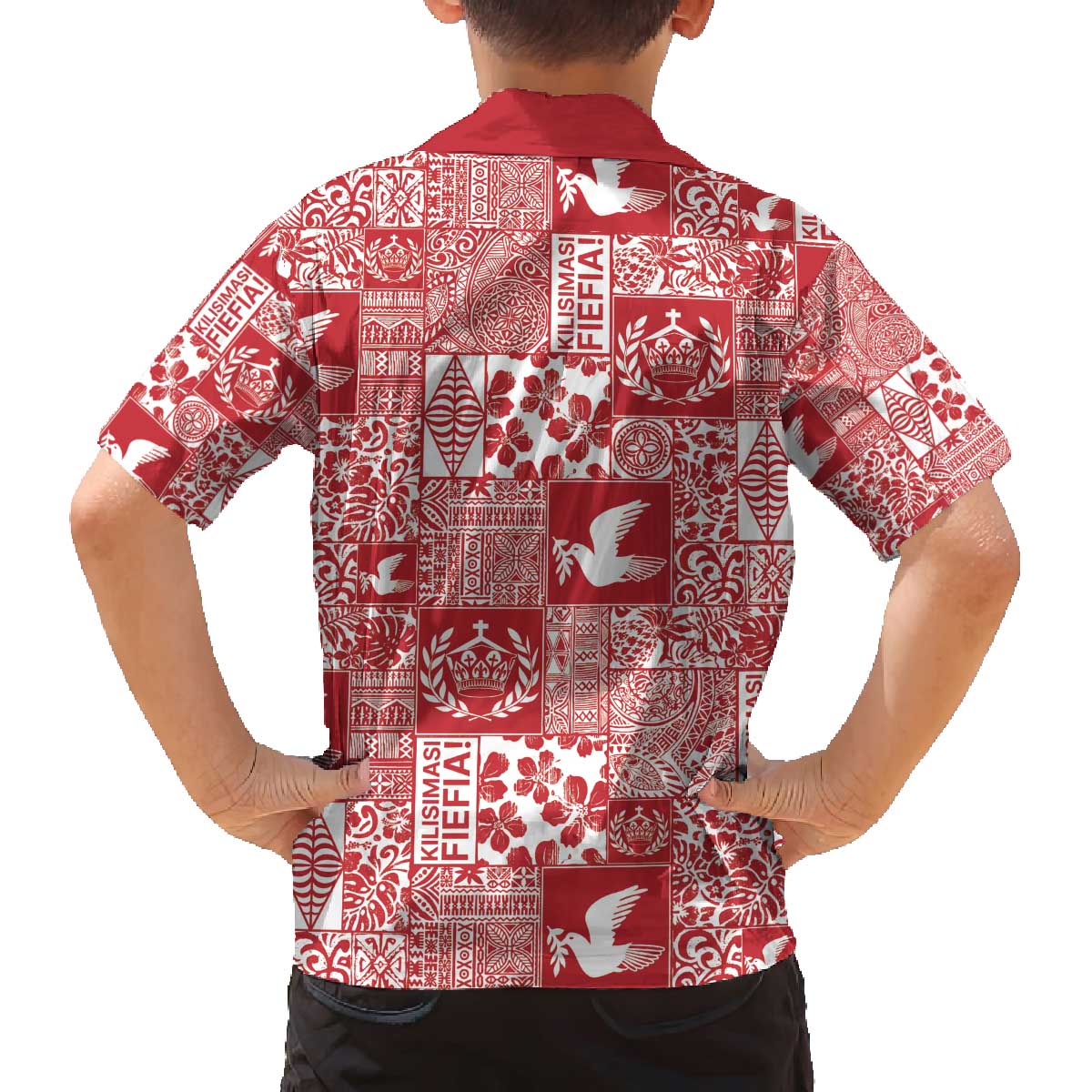Red Tonga Kilisimasi Fiefia Family Matching Off The Shoulder Long Sleeve Dress and Hawaiian Shirt Pacific Patchwork Xmas Vibes - Polynesian Pride