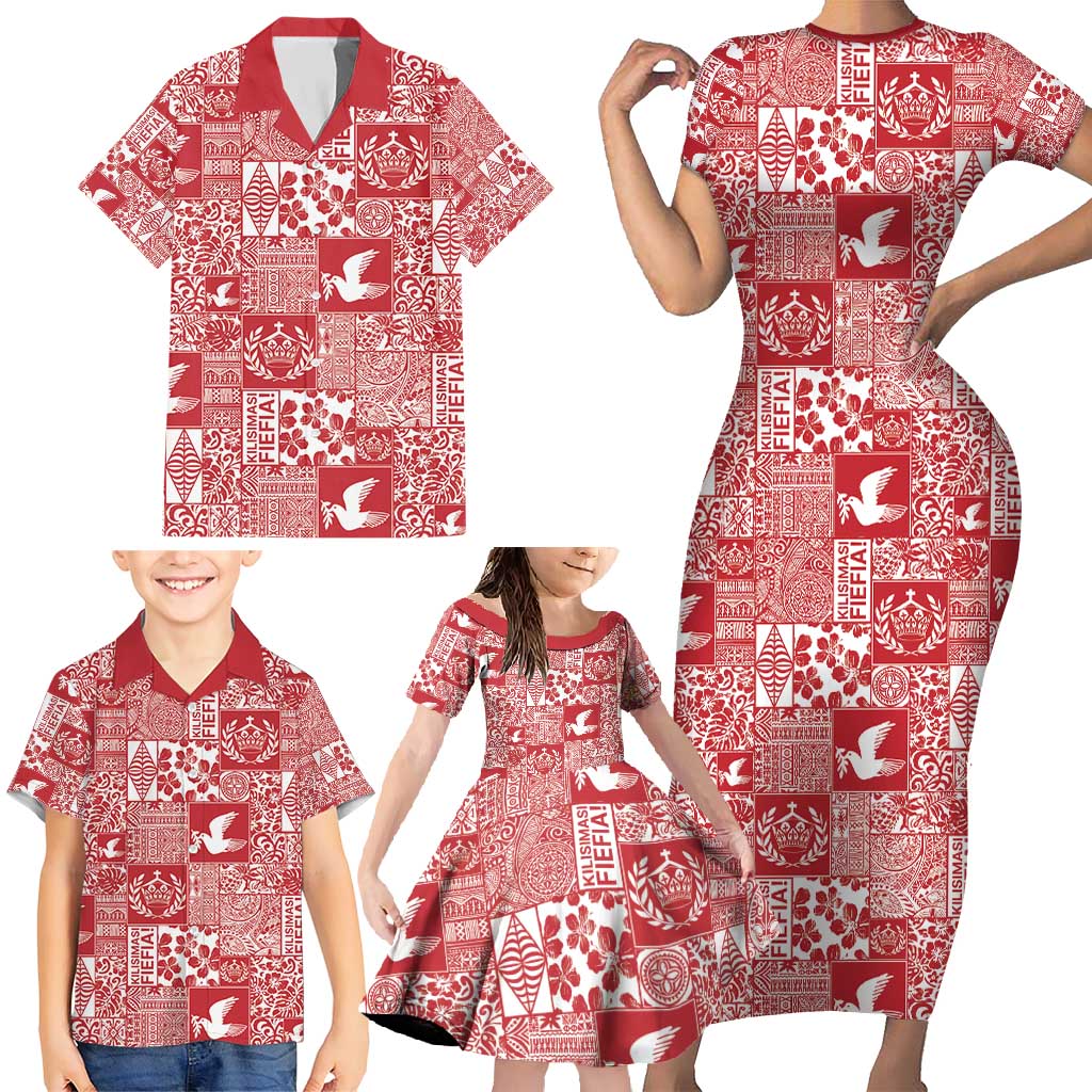 Red Tonga Kilisimasi Fiefia Family Matching Short Sleeve Bodycon Dress and Hawaiian Shirt Pacific Patchwork Xmas Vibes - Polynesian Pride
