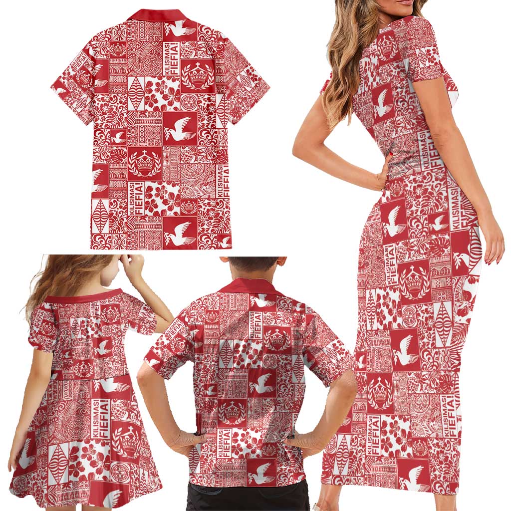 Red Tonga Kilisimasi Fiefia Family Matching Short Sleeve Bodycon Dress and Hawaiian Shirt Pacific Patchwork Xmas Vibes - Polynesian Pride