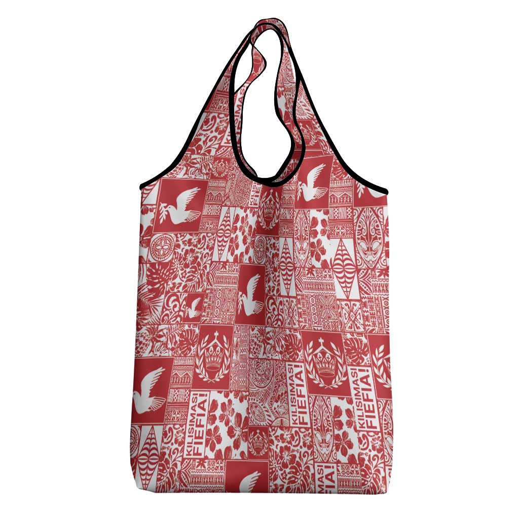 Red Tonga Kilisimasi Fiefia Grocery Bag Pacific Patchwork Xmas Vibes - Polynesian Pride