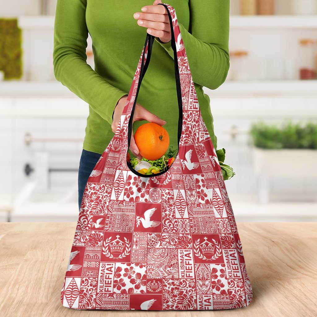 Red Tonga Kilisimasi Fiefia Grocery Bag Pacific Patchwork Xmas Vibes - Polynesian Pride