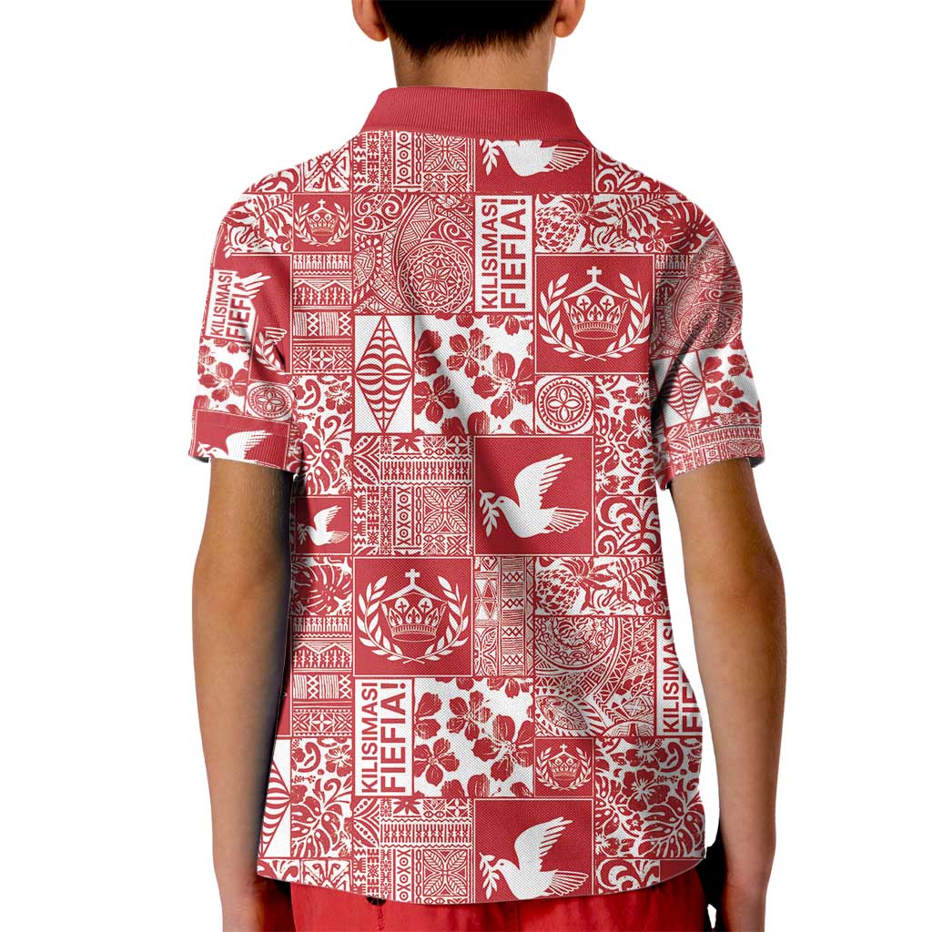 Red Tonga Kilisimasi Fiefia Kid Polo Shirt Pacific Patchwork Xmas Vibes - Polynesian Pride