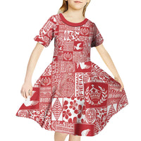 Red Tonga Kilisimasi Fiefia Kid Short Sleeve Dress Pacific Patchwork Xmas Vibes - Polynesian Pride