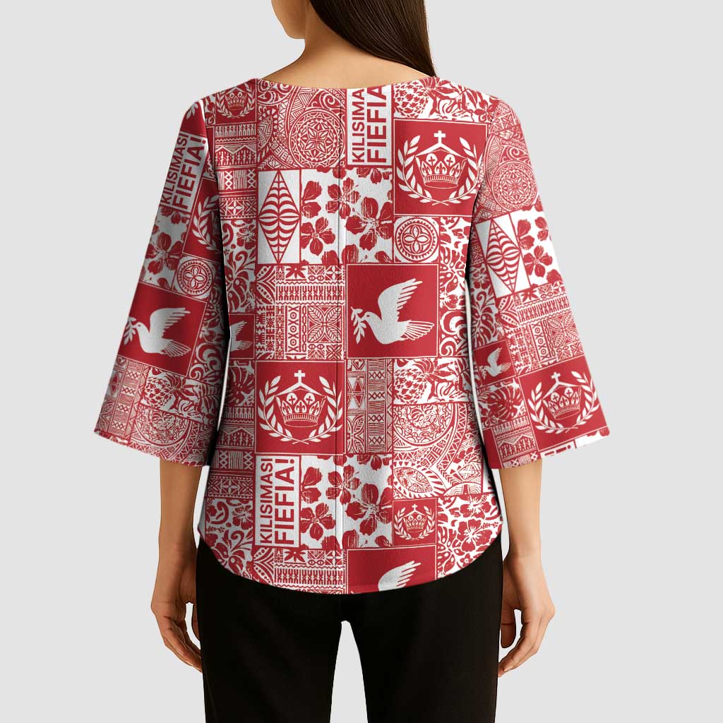 Red Tonga Kilisimasi Fiefia Kimono Sleeve Blouse Pacific Patchwork Xmas Vibes - Polynesian Pride