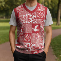 Red Tonga Kilisimasi Fiefia Christmas Knitted V-Neck Vest Pacific Patchwork Xmas Vibes - Polynesian Pride