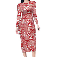 Red Tonga Kilisimasi Fiefia Long Sleeve Bodycon Dress Pacific Patchwork Xmas Vibes - Polynesian Pride
