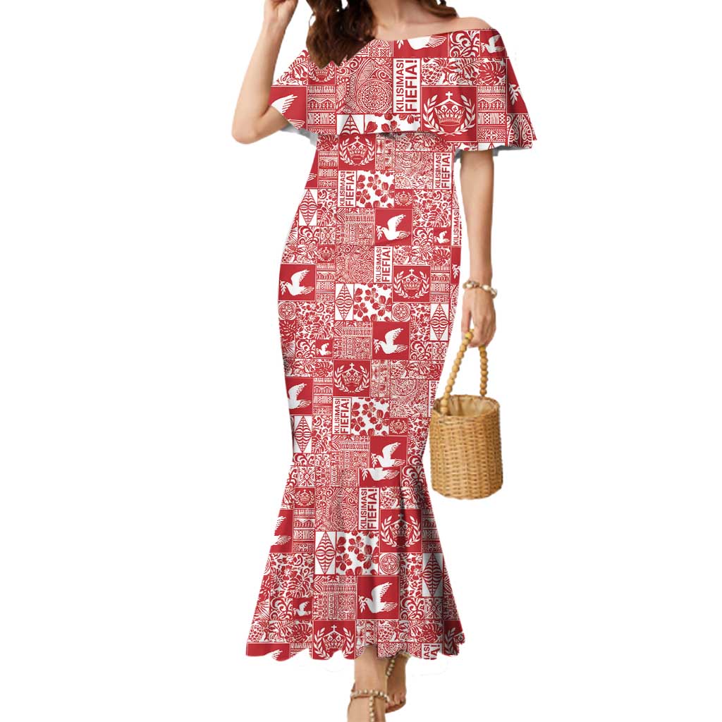 Red Tonga Kilisimasi Fiefia Mermaid Dress Pacific Patchwork Xmas Vibes - Polynesian Pride