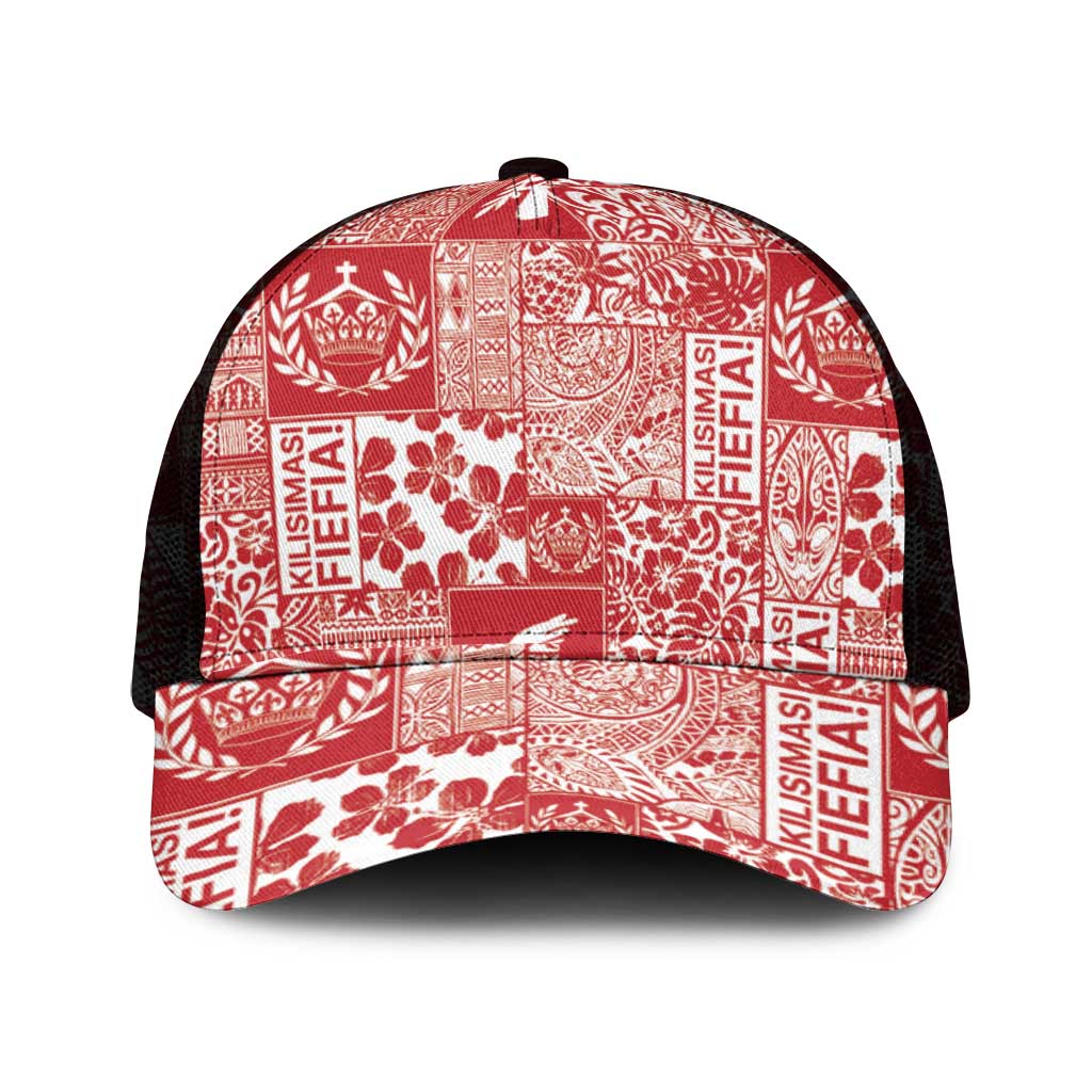 Red Tonga Kilisimasi Fiefia Mesh Trucker Cap Pacific Patchwork Xmas Vibes - Polynesian Pride