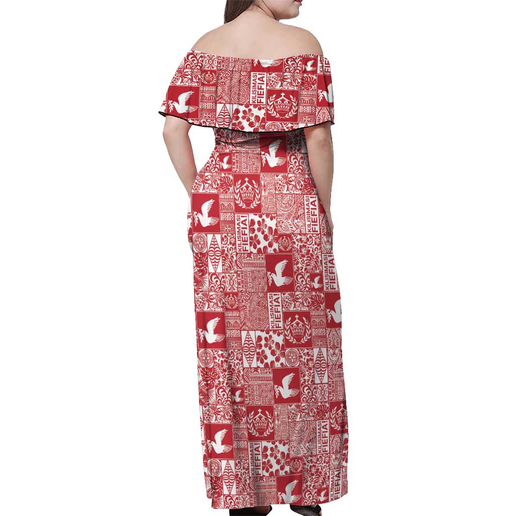 Red Tonga Kilisimasi Fiefia Off Shoulder Maxi Dress Pacific Patchwork Xmas Vibes - Polynesian Pride