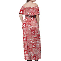 Red Tonga Kilisimasi Fiefia Off Shoulder Maxi Dress Pacific Patchwork Xmas Vibes - Polynesian Pride