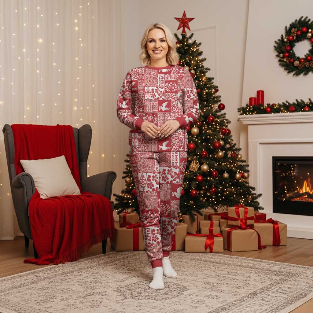 Red Tonga Kilisimasi Fiefia Christmas Pajama Set Pacific Patchwork Xmas Vibes - Polynesian Pride