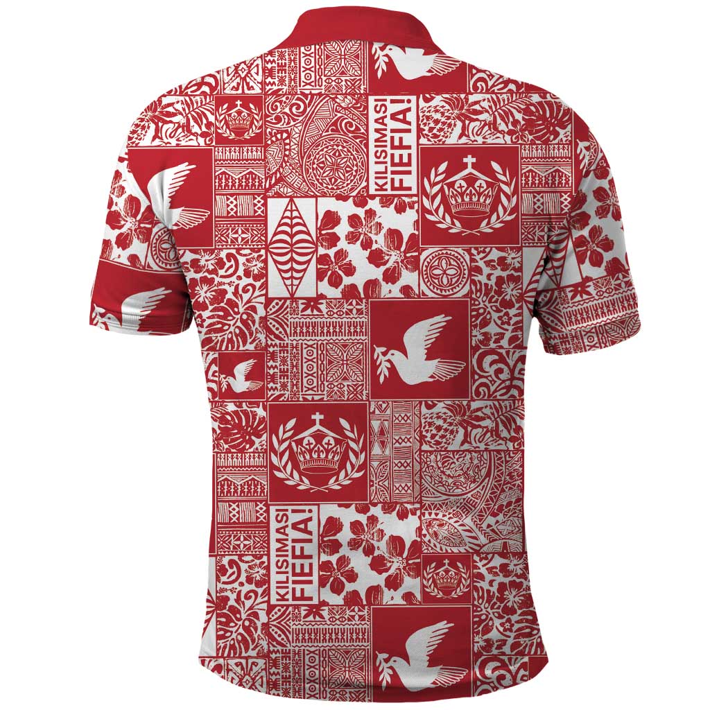 Red Tonga Kilisimasi Fiefia Polo Shirt Pacific Patchwork Xmas Vibes - Polynesian Pride