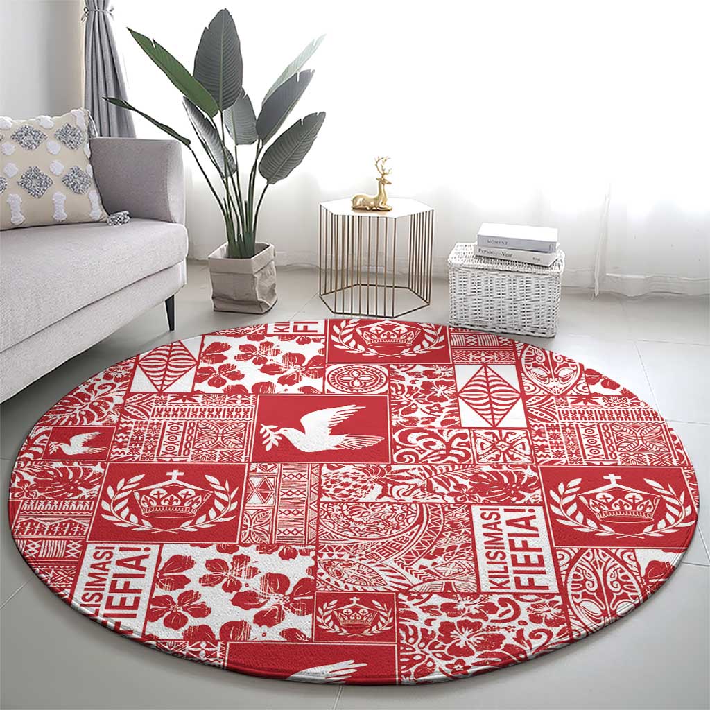 Red Tonga Kilisimasi Fiefia Round Carpet Pacific Patchwork Xmas Vibes - Polynesian Pride