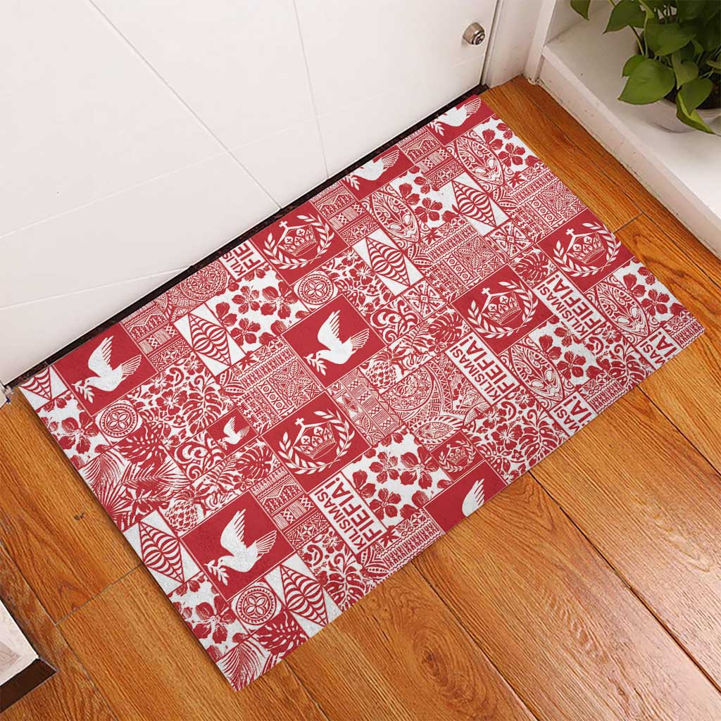 Red Tonga Kilisimasi Fiefia Rubber Doormat Pacific Patchwork Xmas Vibes - Polynesian Pride