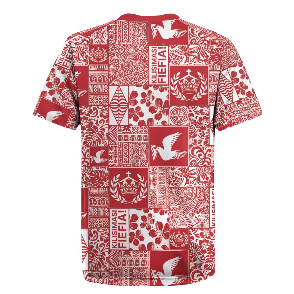 Red Tonga Kilisimasi Fiefia Rugby Jersey Pacific Patchwork Xmas Vibes - Polynesian Pride