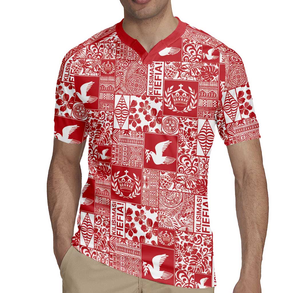 Red Tonga Kilisimasi Fiefia Rugby Jersey Pacific Patchwork Xmas Vibes - Polynesian Pride