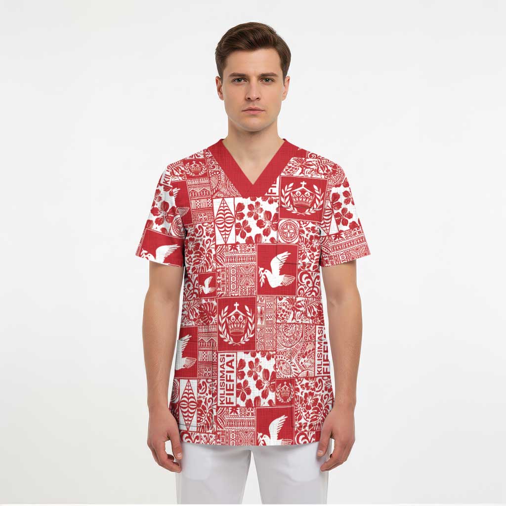 Red Tonga Kilisimasi Fiefia Scrub Top Pacific Patchwork Xmas Vibes - Polynesian Pride