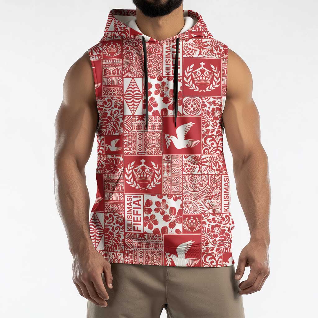 Red Tonga Kilisimasi Fiefia Sleeveless Hoodie Pacific Patchwork Xmas Vibes - Polynesian Pride