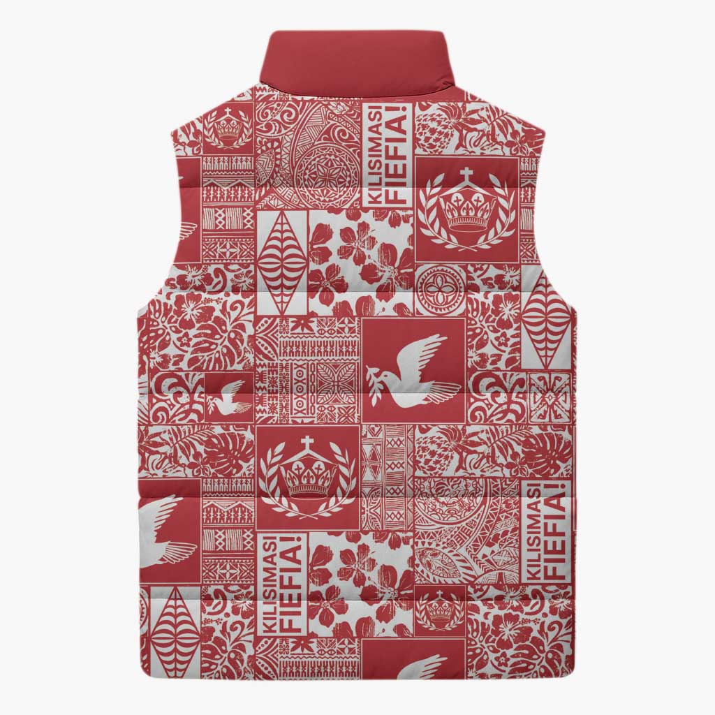 Red Tonga Kilisimasi Fiefia Sleeveless Puffer Jacket Pacific Patchwork Xmas Vibes - Polynesian Pride