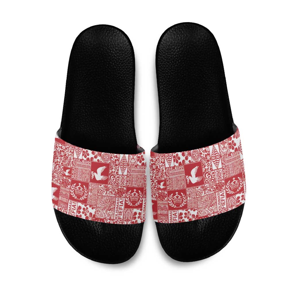 Red Tonga Kilisimasi Fiefia Slide Sandals Pacific Patchwork Xmas Vibes - Polynesian Pride