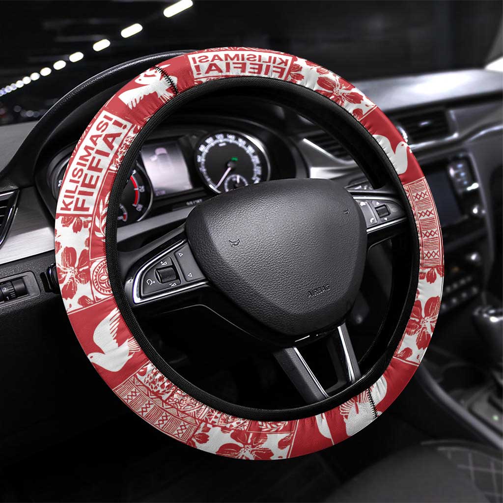 Red Tonga Kilisimasi Fiefia Steering Wheel Cover Pacific Patchwork Xmas Vibes - Polynesian Pride