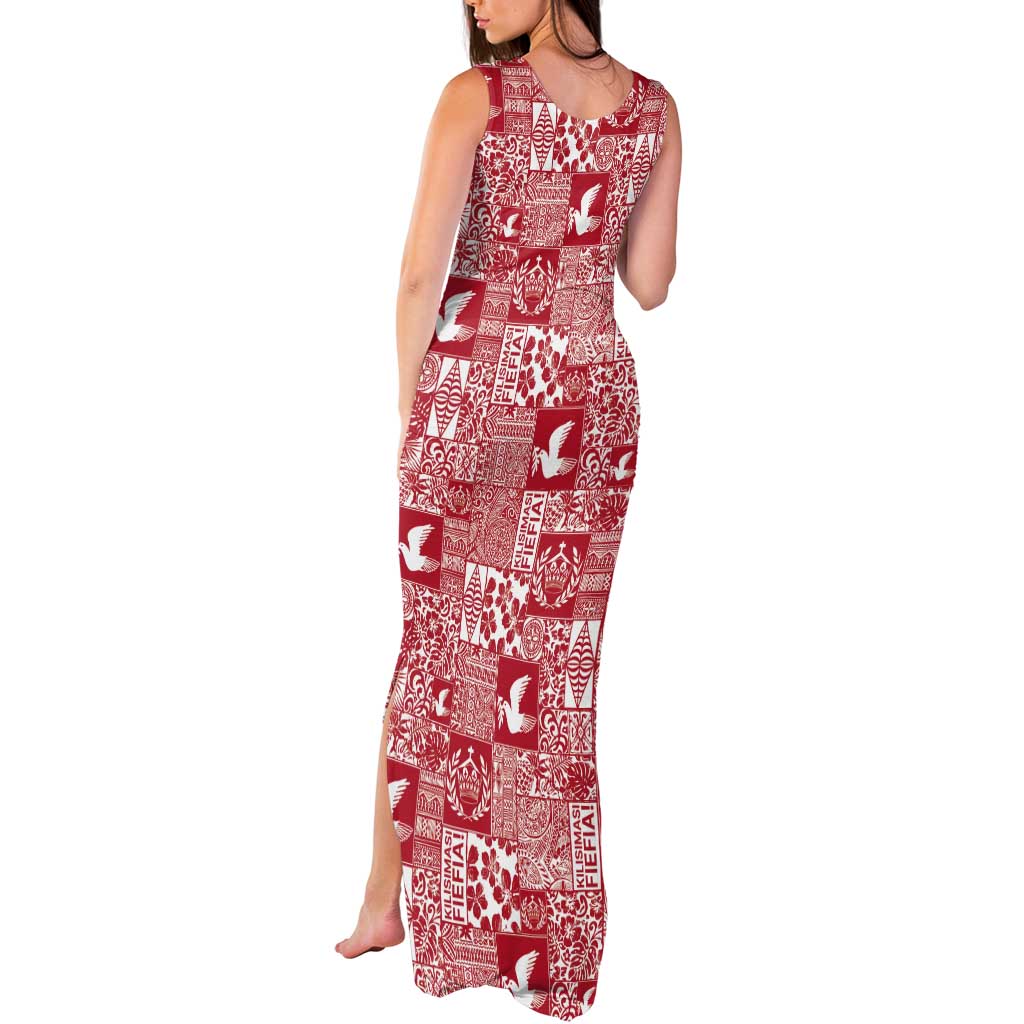 Red Tonga Kilisimasi Fiefia Tank Maxi Dress Pacific Patchwork Xmas Vibes - Polynesian Pride