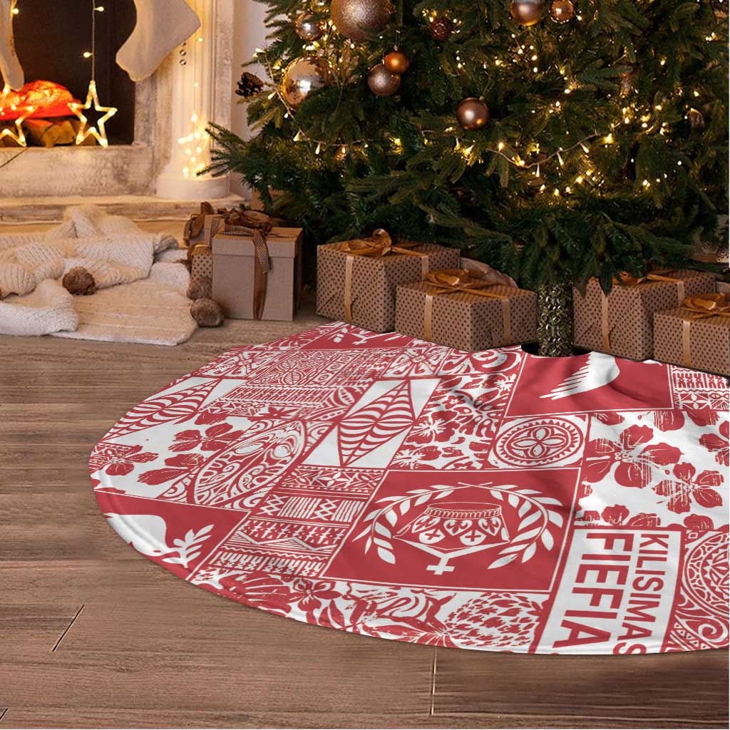 Red Tonga Kilisimasi Fiefia Tree Skirt Pacific Patchwork Xmas Vibes - Polynesian Pride