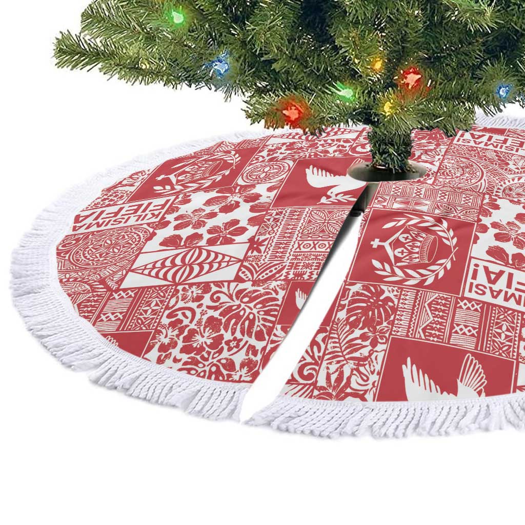 Red Tonga Kilisimasi Fiefia Tree Skirt Pacific Patchwork Xmas Vibes - Polynesian Pride