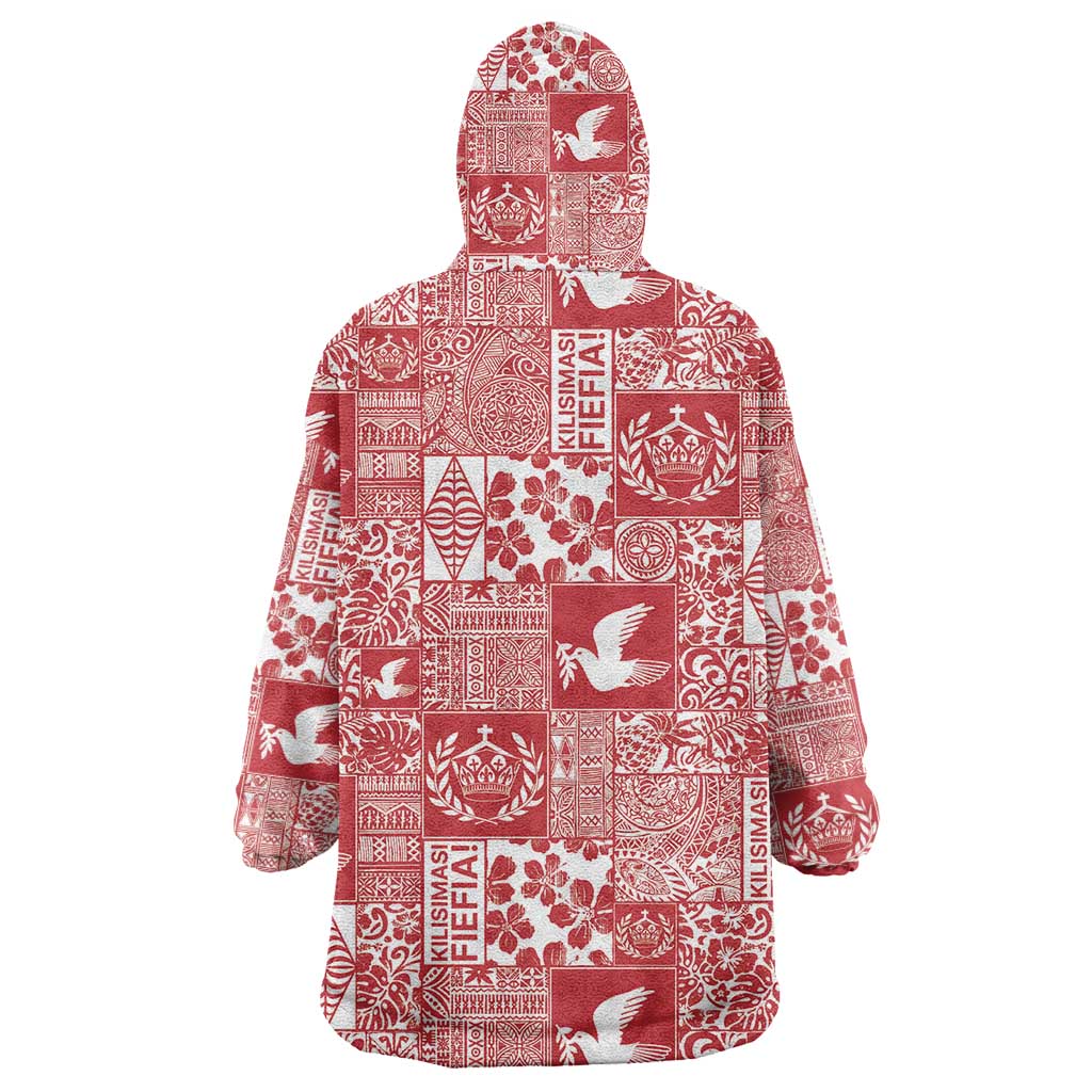 Red Tonga Kilisimasi Fiefia Wearable Blanket Hoodie Pacific Patchwork Xmas Vibes - Polynesian Pride