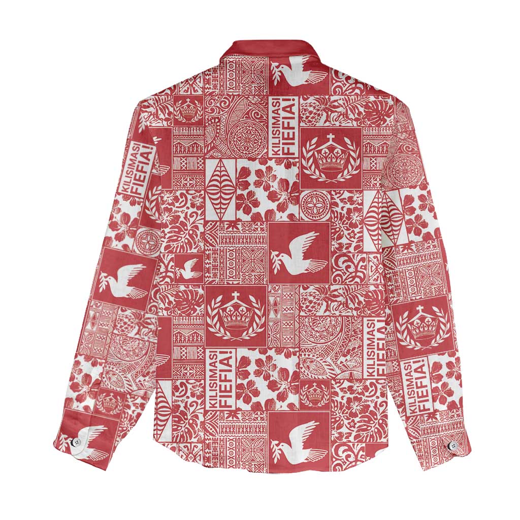 Red Tonga Kilisimasi Fiefia Women Casual Shirt Pacific Patchwork Xmas Vibes - Polynesian Pride