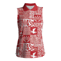 Red Tonga Kilisimasi Fiefia Women Sleeveless Polo Shirt Pacific Patchwork Xmas Vibes - Polynesian Pride