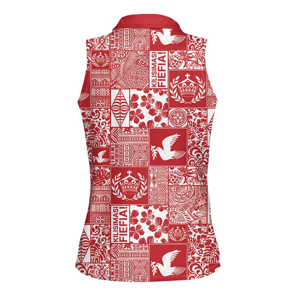 Red Tonga Kilisimasi Fiefia Women Sleeveless Polo Shirt Pacific Patchwork Xmas Vibes - Polynesian Pride