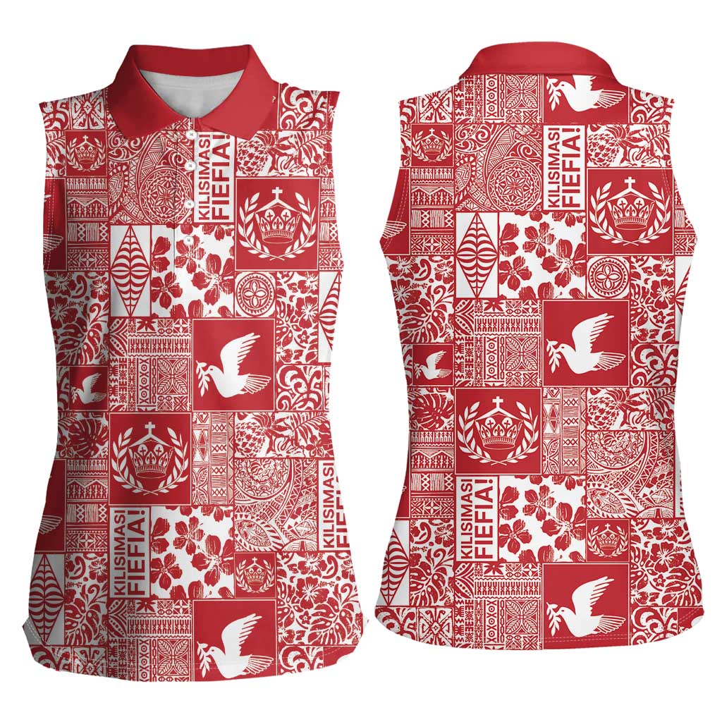 Red Tonga Kilisimasi Fiefia Women Sleeveless Polo Shirt Pacific Patchwork Xmas Vibes - Polynesian Pride