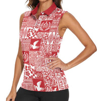 Red Tonga Kilisimasi Fiefia Women Sleeveless Polo Shirt Pacific Patchwork Xmas Vibes - Polynesian Pride